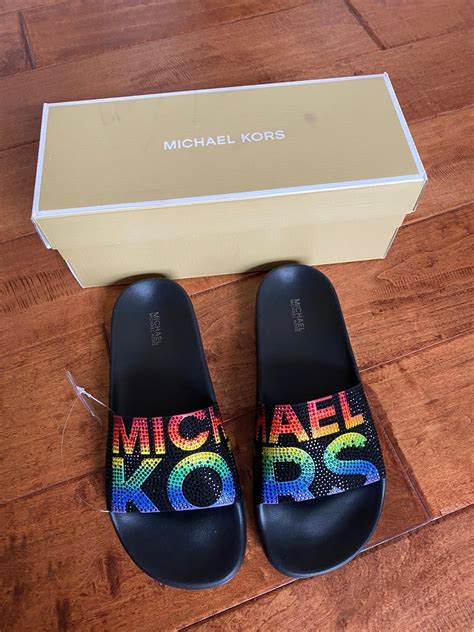 michael kors rainbow gilmore slides|PRIDE Gilmore Embellished Leather Slide Sandal .